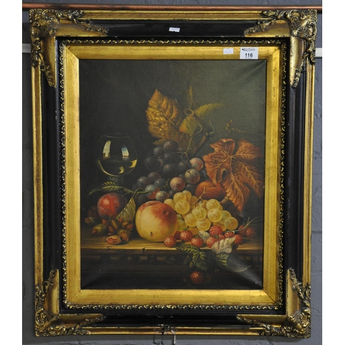 116 - 17th Century style, Old Master still life study of fruit, oils on canvas. Gilt frame, 50 x 42cm appr... 