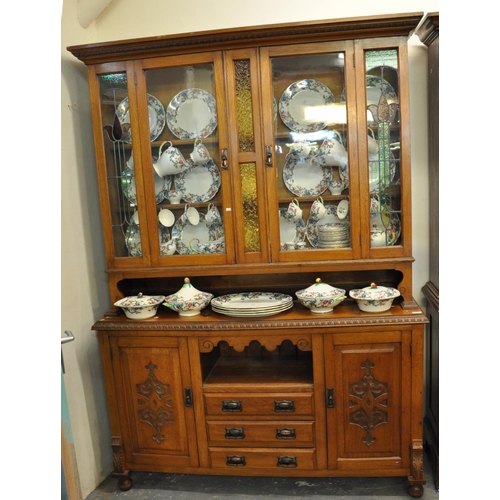 537 - Late 19th/early 20th Century oak cabinet back and stained glass leaded dresser with Art Nouveau desi... 