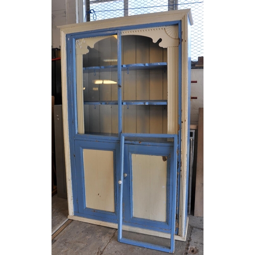 584 - Late 19th/early 20th Century painted glazed two door kitchen cabinet with shaped shelves and fan dec... 