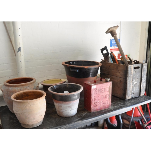 587 - Collection of items to include; terracotta pots and planters, Shell Motospirit oil can, a wooden cra... 