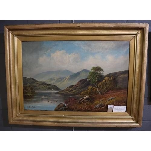 102 - R Marshall (British 19th/20th Century), Scottish landscape with loch and distant mountains, signed, ... 