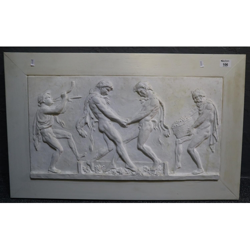 106 - Neo-classical plaster relief plaque depicting Grecian figures treading grapes, on a fibreboard backi... 