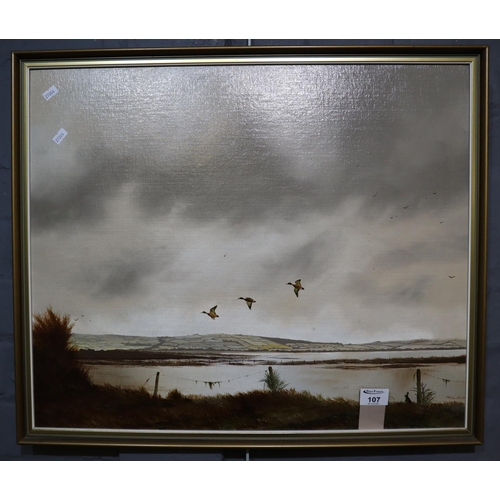 107 - J Hilliard (20th Century), ducks flying over an estuary landscape, oils on board. 53 x 60cm approx. ... 