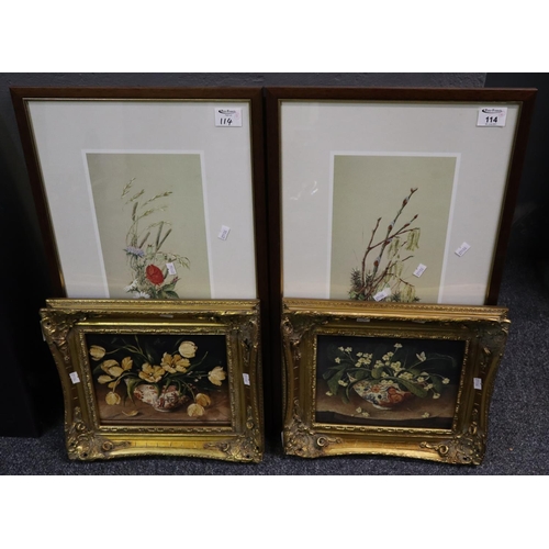 114 - Pair of modern coloured botanical prints, framed, together with a pair of modern prints laid on canv... 