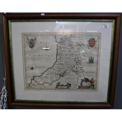 115 - John Blaeu, original 18th Century map of Cardiganshire, 37.5 x 50cm approx. Sparsely coloured, moder... 