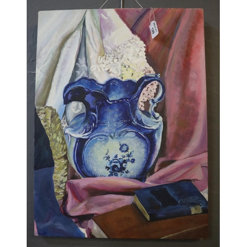 125 - Janet Andrews (20th Century), still life study, vase of flowers, oils on canvas, signed and annotate... 