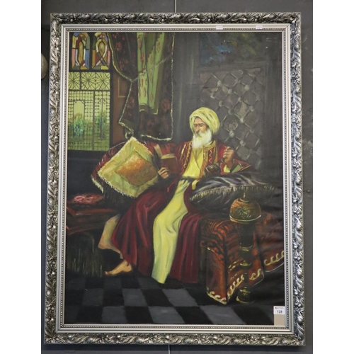 128 - Modern portrait of an Arab gentleman in sumptuous interior, oils on canvas. 97 x 71cm approx, framed... 