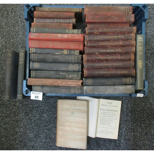 89 - Box of antiquarian books to include; various late 19th Century volumes with leather spines published... 