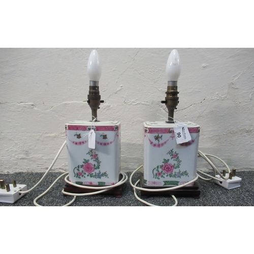 90 - Pair of oriental style floral design porcelain lamp bases with hardwood stands. (2)
(B.P. 21% + VAT)