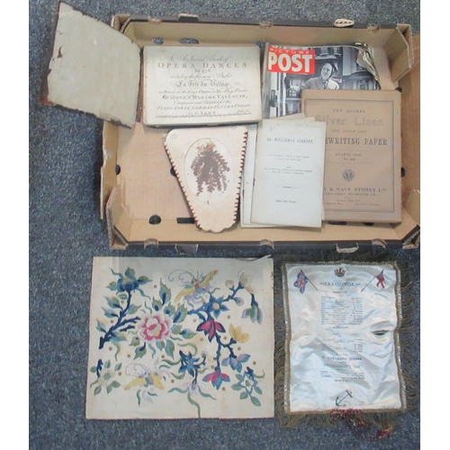 96 - Box of miscellaneous items to include; a possibly Chinese silk embroidered panel with flowers and mo... 