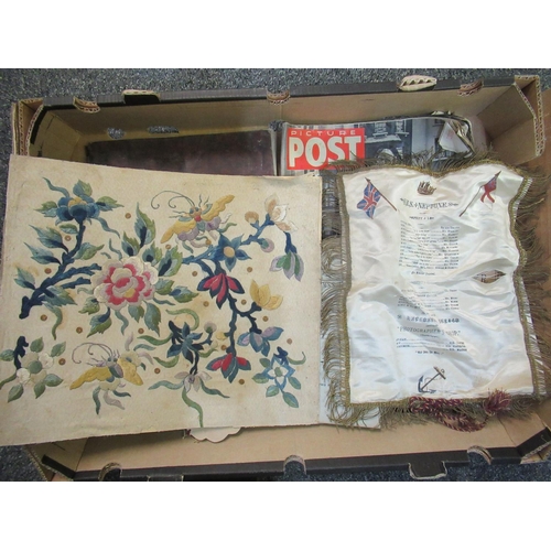 96 - Box of miscellaneous items to include; a possibly Chinese silk embroidered panel with flowers and mo... 