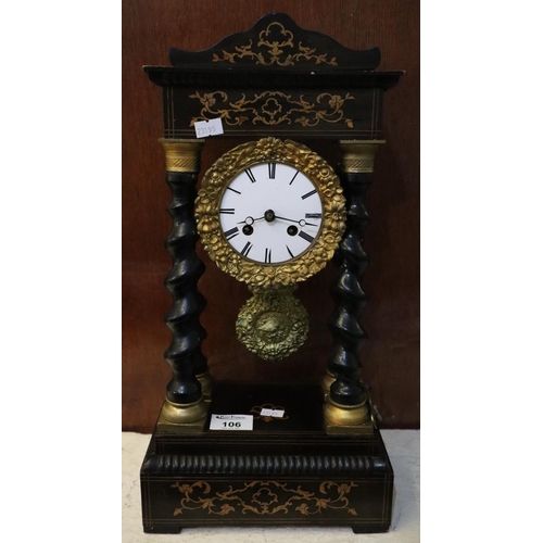 106 - Late 19th/early 20th Century ebonised architectural enamel two train mantel clock having four barley... 