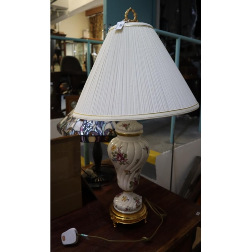 120 - Floral design porcelain lamp with shade, marked Louis Nichole for the Franklin Mint to the underside... 