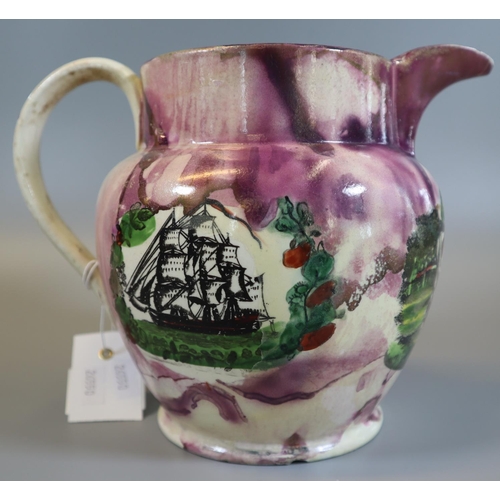 3 - 19th Century Sunderland pink lustre single handled jug of baluster form, with printed Galleon to one... 