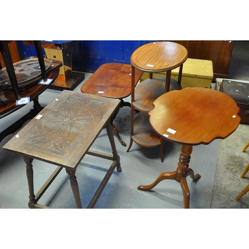 499 - Edwardian mahogany three tier whatnot of oval form, together with a carved oak side table, an Edward... 