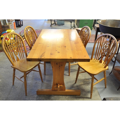 504 - Modern pine refectory type table, together with a set of four beech wheel, hoop and spindle back kit... 