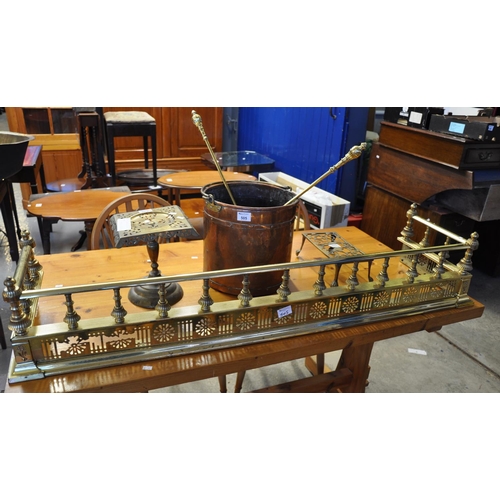 505 - Collection of brass and copper to include; Victorian pierced fire fender, trivet stands, coal bin wi... 