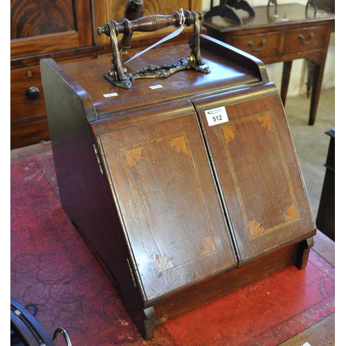 512 - Victorian mahogany inlaid coal scuttle with mechanical door opening, the interior with a metal liner... 