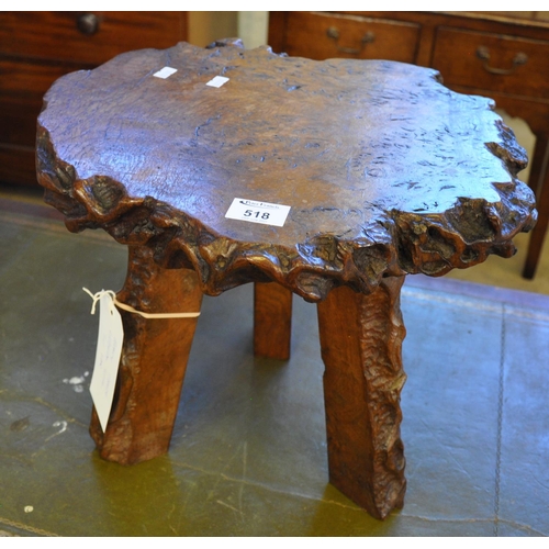 518 - Rustic burr walnut three legged stool. 
(B.P. 21% + VAT)