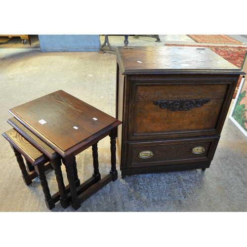 528 - Modern oak nest of three tables of rectangular form. Together with an early 20th Century oak box wit... 
