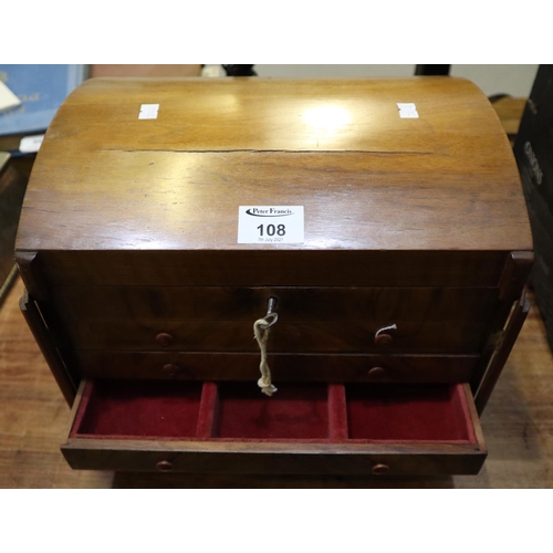 108 - Early 20th century walnut and mixed woods, dome top four-drawer collectors cabinet.
(B.P. 21% + VAT)