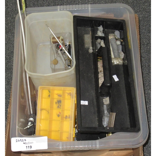 119 - Box of fishing equipment to include lead weights, flies in fitted boxes, fly leader line, etc.
(B.P.... 