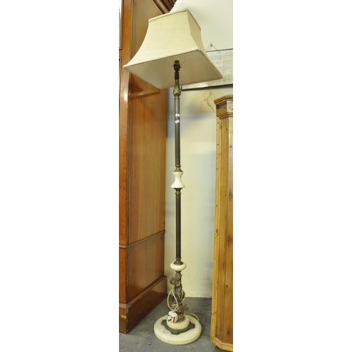 560 - Modern gilt metal and marble finish standard lamp with shade decorated with figural mount of a young... 