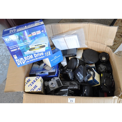 570 - Box of assorted cameras and similar equipment to include; Olympus digital camera 8000, Japanese lens... 