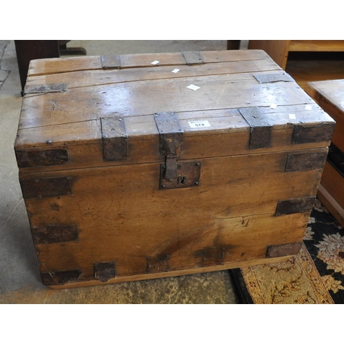 574 - 19th Century pine metal banded trunk with cast metal carrying handles. 
(B.P. 21% + VAT)