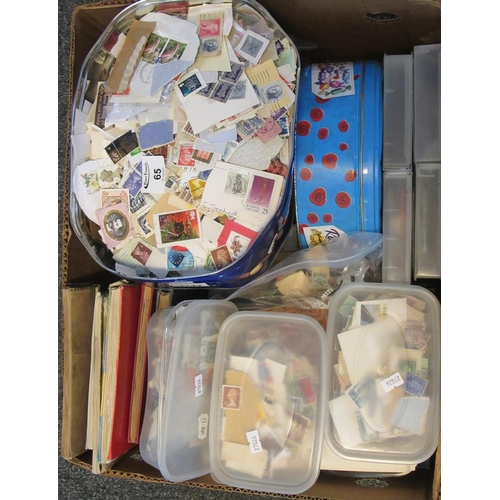 65 - Box of all world stamps in various albums, tins and plastic boxes. Many 100's of stamps. (B.P.21% + ... 