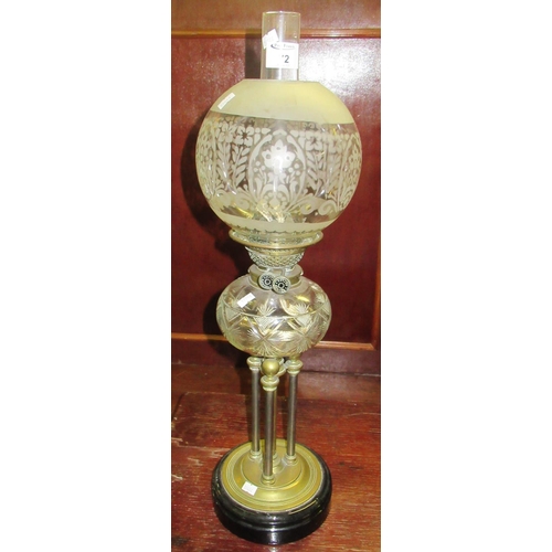 72 - Early 20th century double oil burner with globular, etched foliate clear and frosted glass shade, ab... 