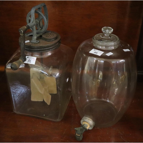 86 - Vintage metal and glass butter churn, together with a glass water or spirit dispenser, unmarked.
(B.... 