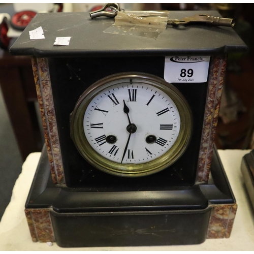 89 - Early 20th century slate and marble two-train mantel clock with key.
(B.P. 21% + VAT)