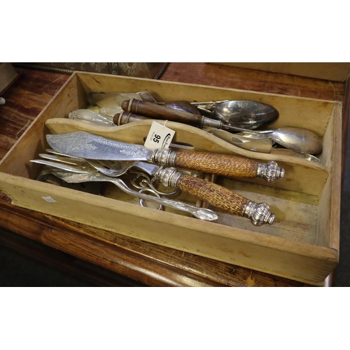 95 - Two section cutlery box with assorted cutlery and turned wooden and glass handles, fish knives and f... 