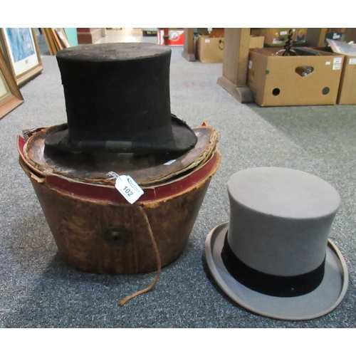 102 - Leather covered hat box with velvet interior (lid in distressed condition), together with two gent's... 