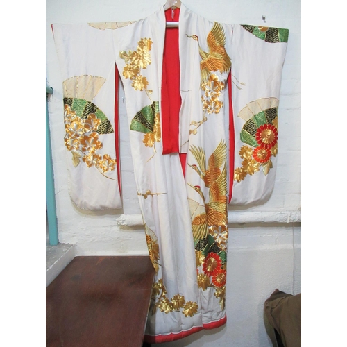 103 - Vintage Japanese weighted wedding kimono with gold embroidered and printed crane, marigold and fan d... 