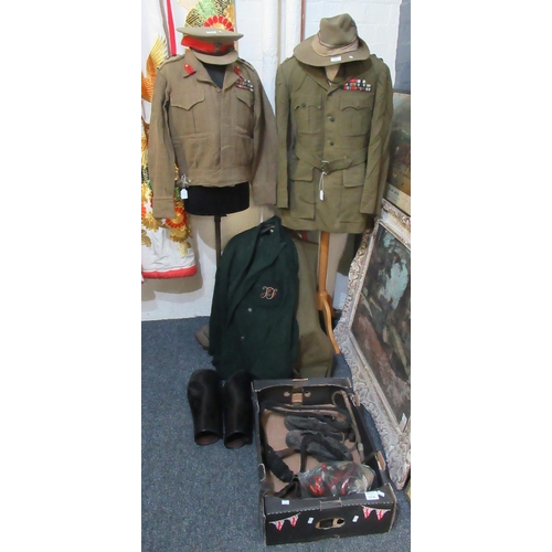 104 - British Army staff officers uniform to include; cap, jungle hat, short blouson, long jacket, two pai... 