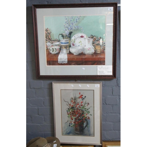 105 - A.D Forbes (20th Century), still life study of Welsh and other ceramics etc, watercolours, signed an... 