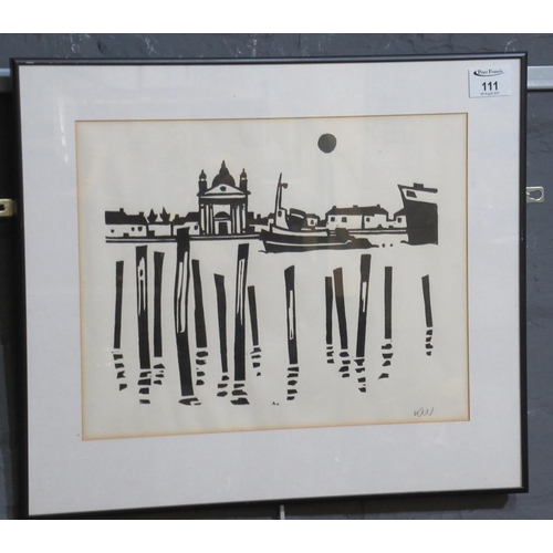 111 - Sir John 'Kyffin' Williams, Venetian scene, signed in pencil by the artist with his initials, monoch... 