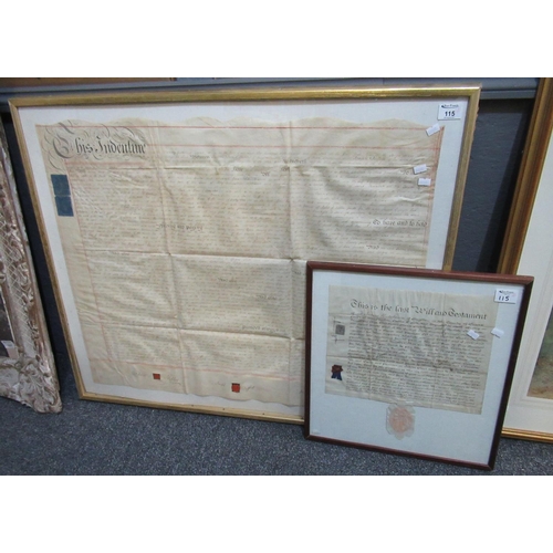 115 - Large framed Indenture, together with a framed last Will and Testament 'James Hutcheson of Brighton'... 