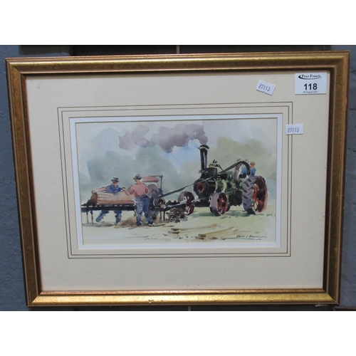 118 - David Brunwin (British, 20th Century), 'Sawing wood at the steam rally', signed, watercolours. 16 x ... 