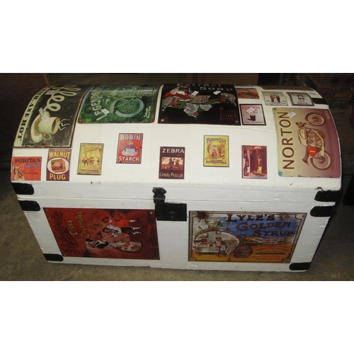 576 - Vintage painted dome top trunk with metal banding and reproduction advertising labels to include; Gu... 