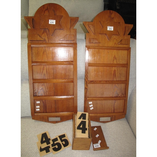 579 - Pair of pitch pine hymn boards with star decoration and number cards in oak box, both with presentat... 