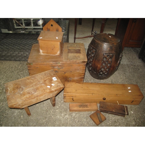 586 - Collection of items to include; pine candle box with candles, rustic stool, hardwood pierced and car... 