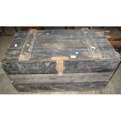 591 - Vintage stained probably pine trunk with metal lock and rope handles. 
(B.P. 21% + VAT)