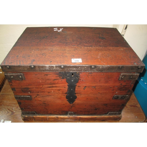 596 - Vintage oak metal banded trunk or box of small proportions with metal loop carrying handles. 
(B.P. ... 