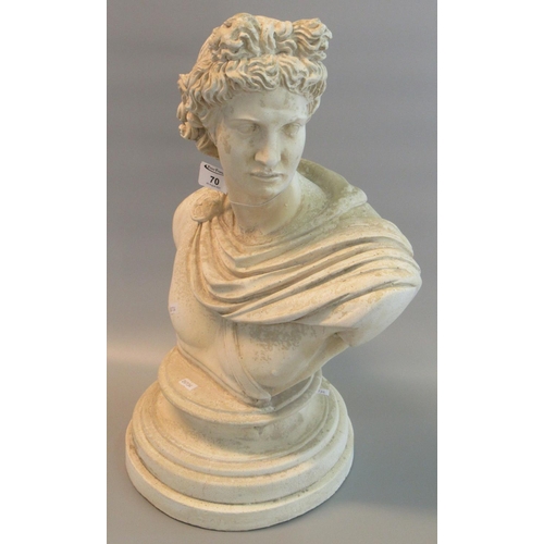 70 - Modern cast composition bust in Grecian style probably of Apollo on circular stepped base. 54cm appr... 