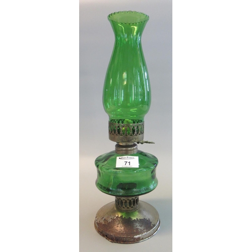 71 - Early 20th Century single oil burner having green glass chimney and reservoir on a plated base. 
(B.... 