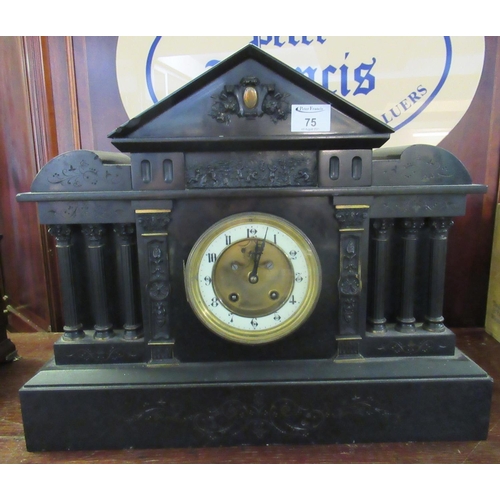 75 - Late 19th/early 20th Century slate architectural design two train mantel clock with enamel and brass... 