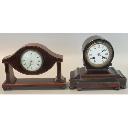 77 - Edwardian mahogany inlaid mantel clock marked 'Waring & Gillow, London', standing on bun feet. Toget... 